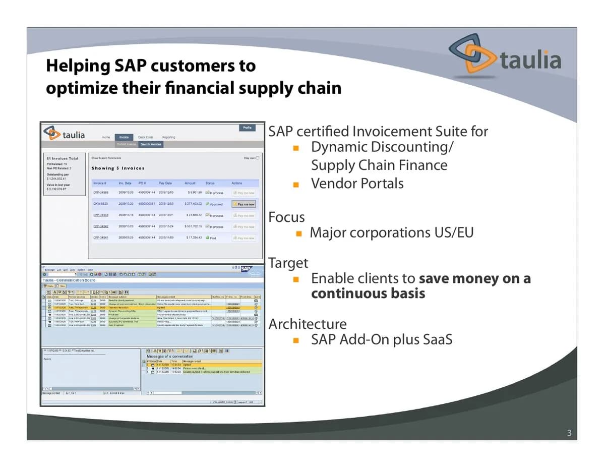What Taulia does: an SAP-certified invoicement suite slide