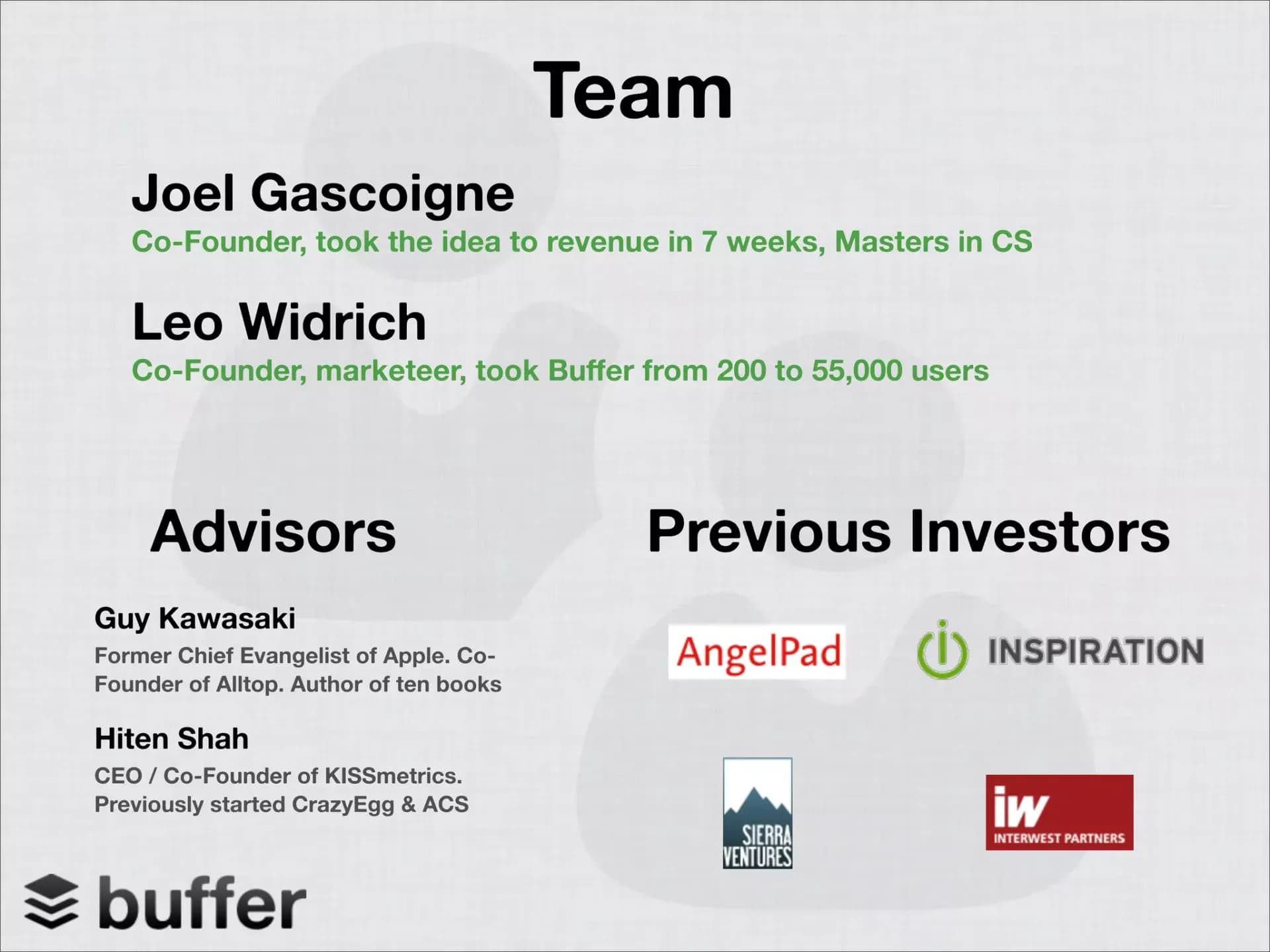 Slide 12: Team, advisors and investors