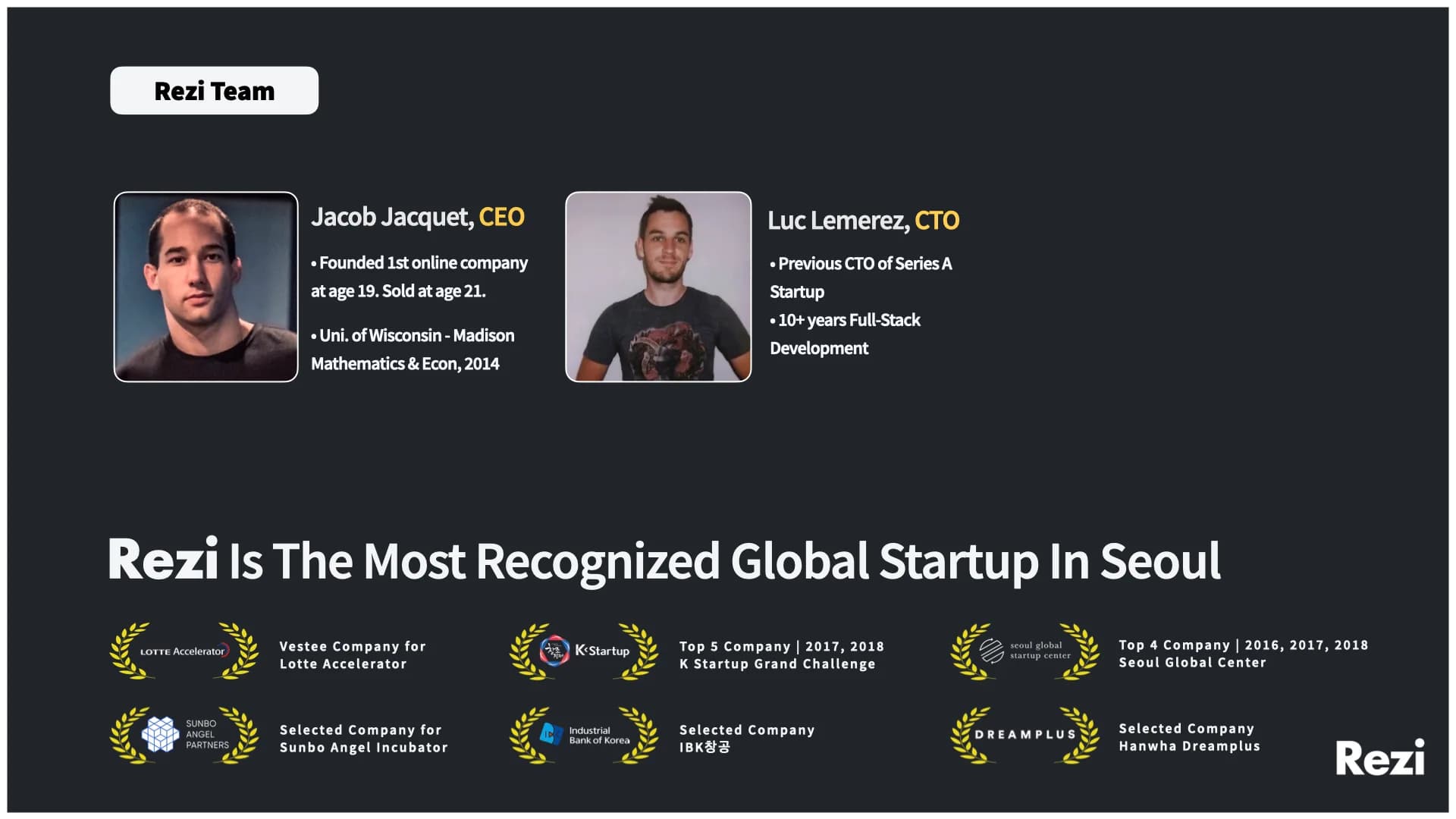 Slide 17: Founding team and Seoul startup recognition