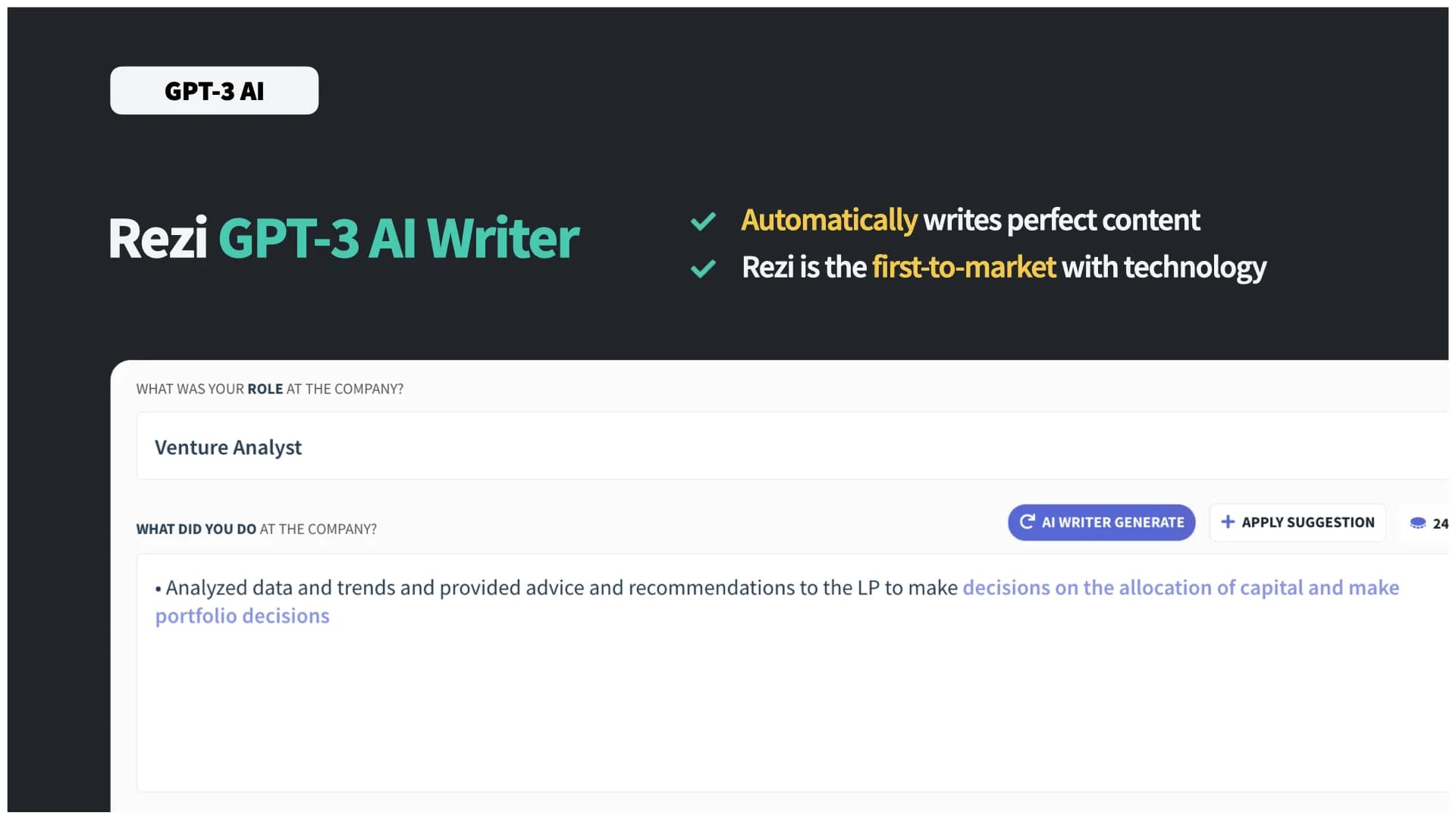 Slide 5: GPT-3 AI writer drafts resume content automatically