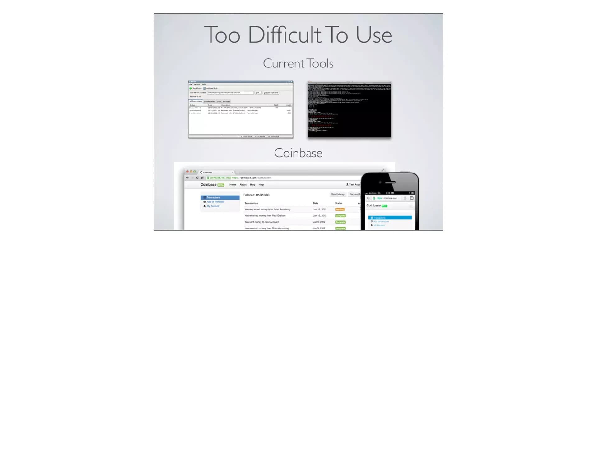 Slide 6: Today's bitcoin tools are too difficult to use