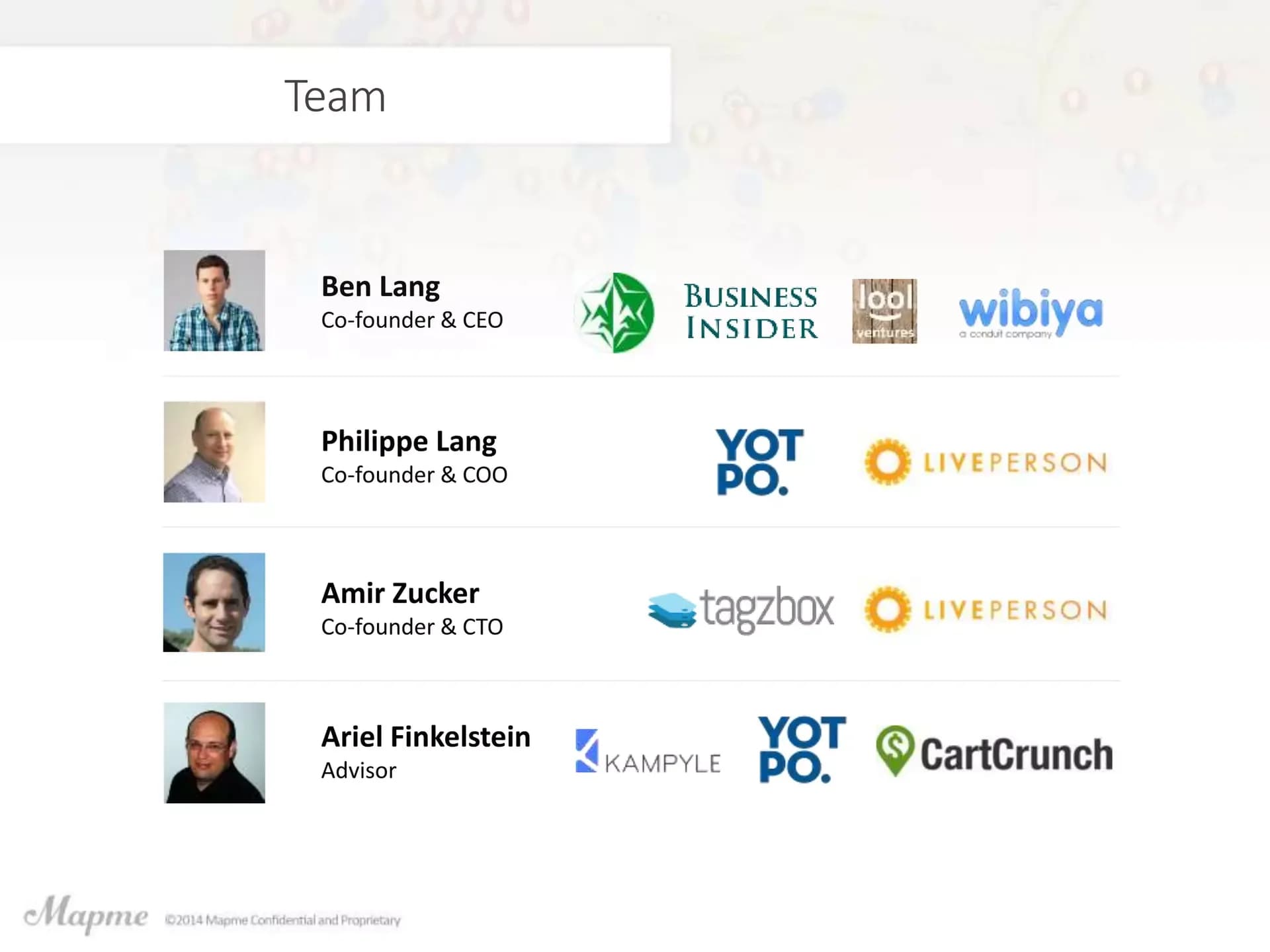 Slide 13: Team: three co-founders and an advisor