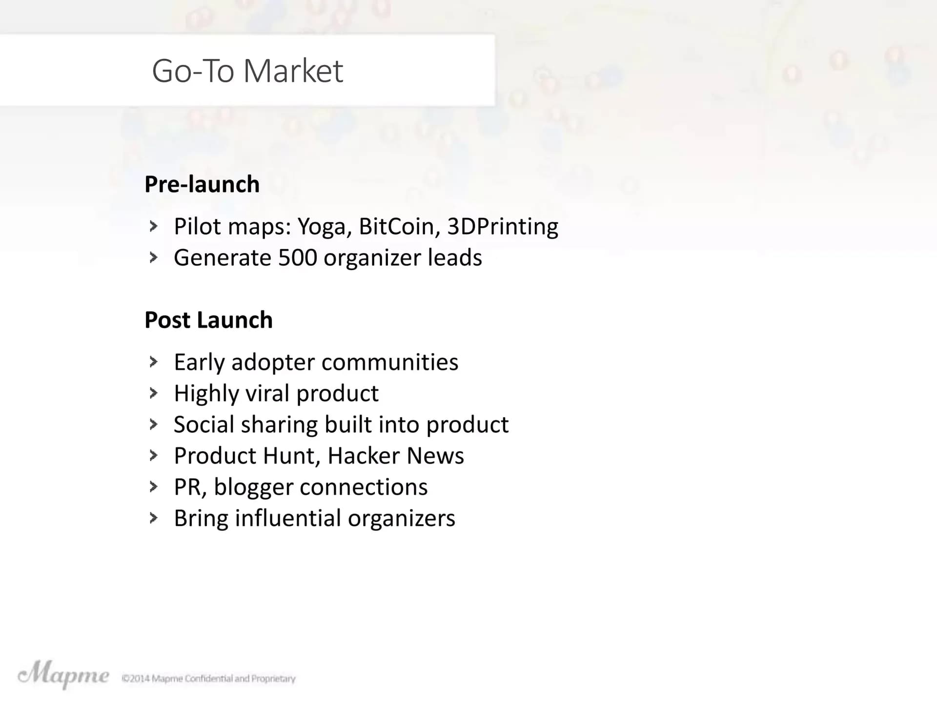 Slide 9: Go-to-market: pilot maps, then viral distribution